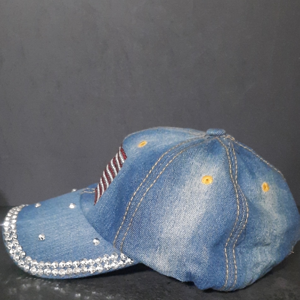 NWOT Denim Rhinestone American Flag Baseball Cap - Blue - Picture 4 of 6